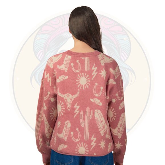 10C Western Graphic Knit Thick Sweater Top Mauve Pink - Picture 2 of 2